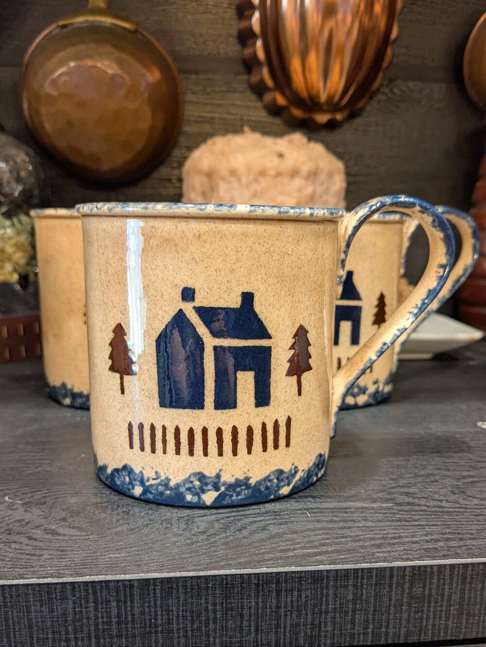 Vintage 1985 Bell Brook Ohio Pottery Spongeware Mugs Set of 4
